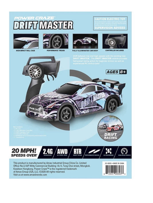 Power Craze Drift Master RC Car 1:24 AWD 20 MPH 2.4G LED Lights RTR 8+1
