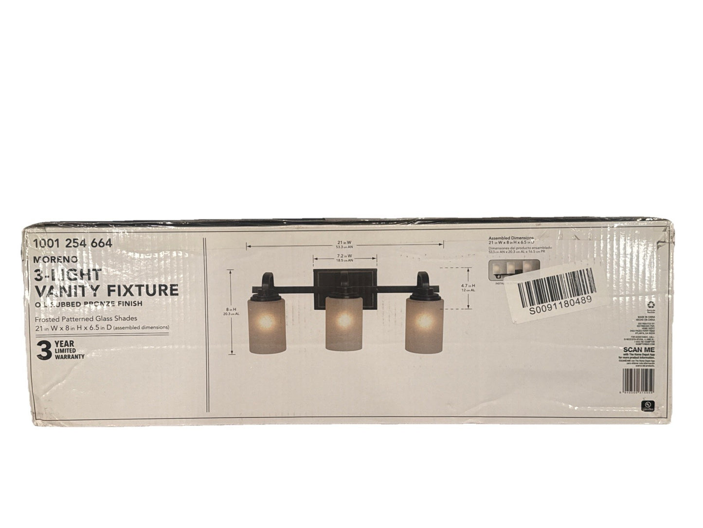 Hampton Bay Moreno 3-Light Bathroom Vanity Light, Oil-Rubbed Bronze, 21” - NEW7