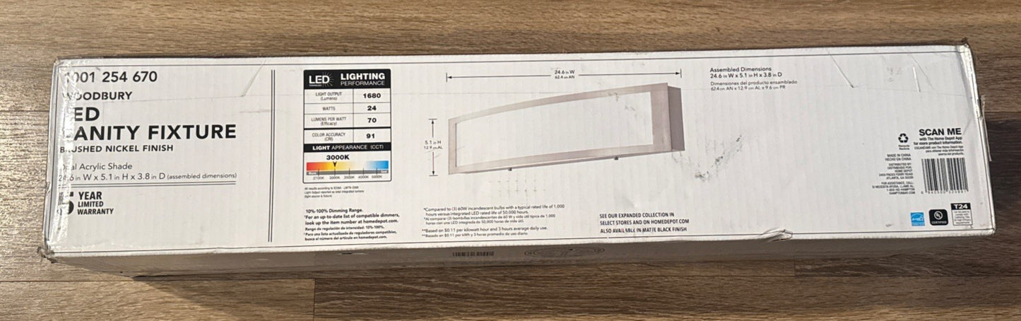 Hampton Bay Woodbury LED Vanity Light 24in Brushed Nickel 3000K 3