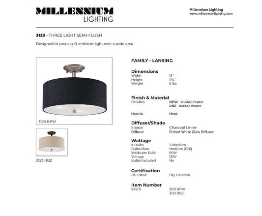 Semi-shad Ceiling Lamp Millennium Bronze Rubbed 3 Lights 3123-RBZ1