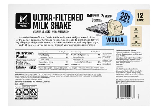 Member's Mark Ultra-Filtered Milk Shake,Vanilla, 11.5 fl. oz.,12 pk. 30g Protein1