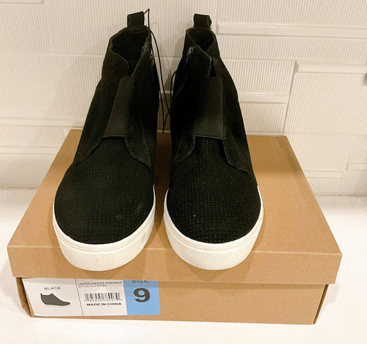 Steve Madden Wedge Sneaker, Heel Sneaker Shoes Side Zipper, Size 9, Black - New1