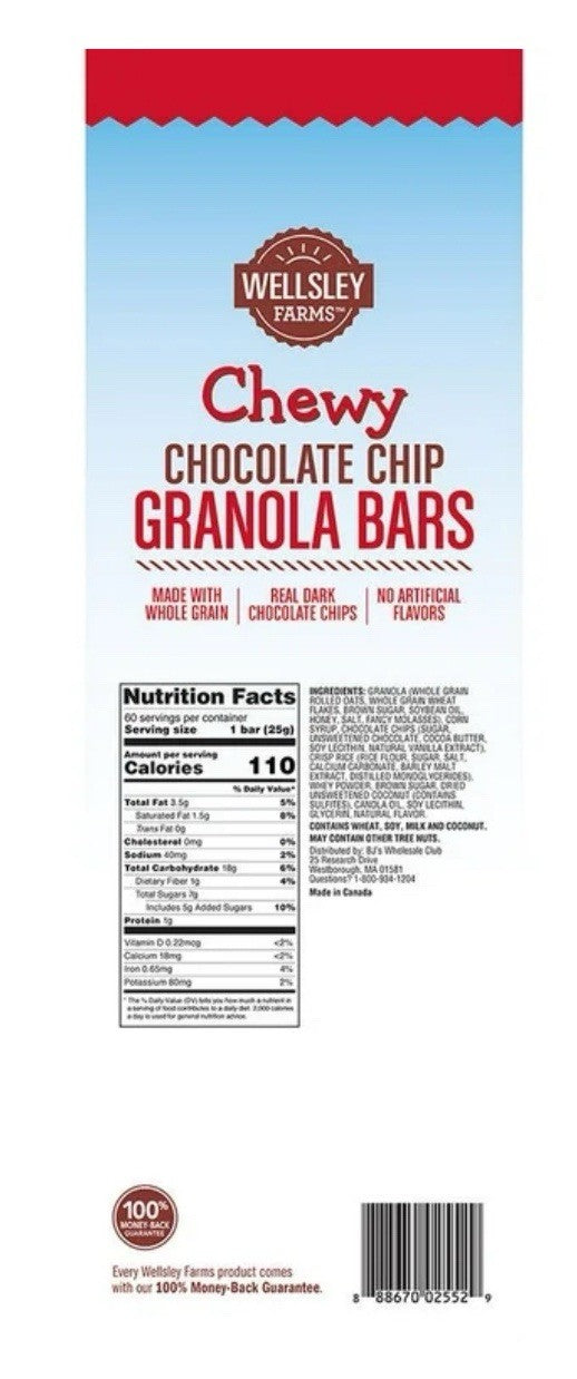 Wellsley Farms Chewy Chocolate Chip Granola Bars, 88 oz, 60 Count - NEW1