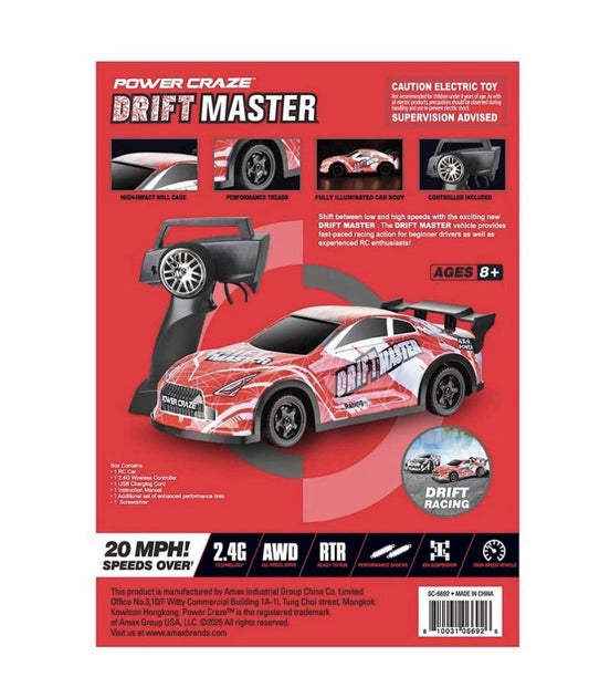 Power Craze Drift Master RC Car 1:24 AWD 20 MPH 2.4G LED Lights RTR 8+ , RED1