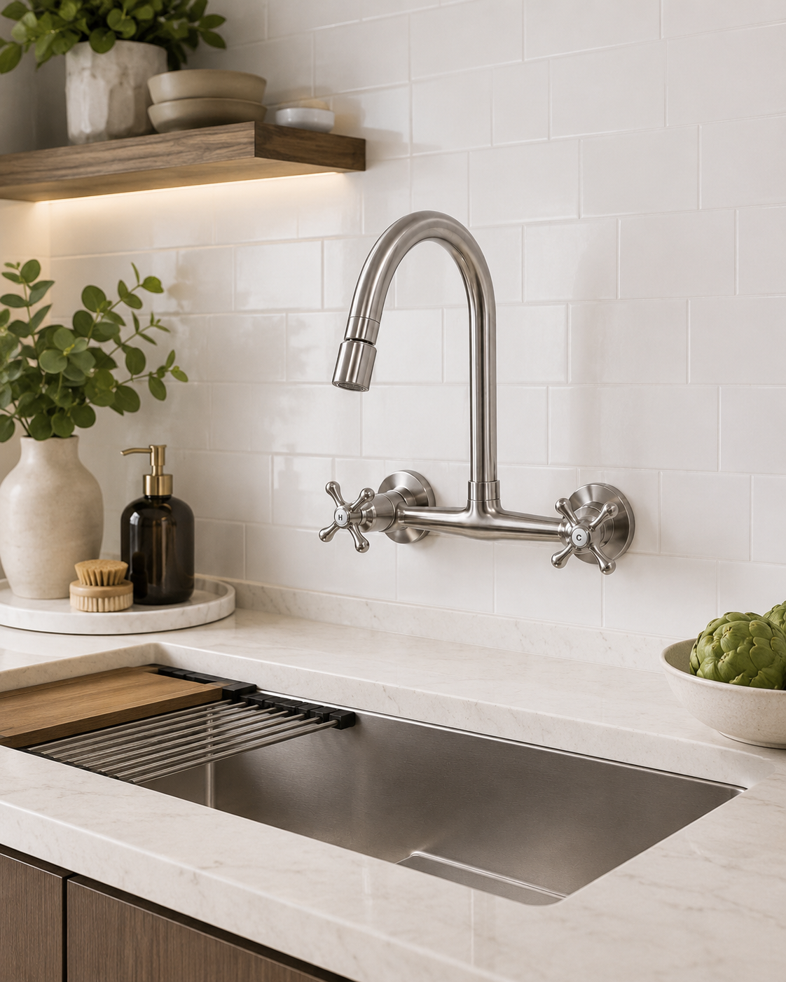 Wall Mount Kitchen Faucet with High-Arch Gooseneck Spout & Dual Cross Handles Brushed Nickel