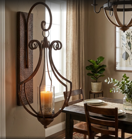 Bronze Metal Single Candle Wall Sconce Rustic Iron Wall Decor with Glass Hurricane Holder 25"