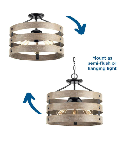 Progress Lighting Gulliver 17" 3-Light Convertible Semi-Flush Ceiling Light & Pendant E26 Industrial Farmhouse Fixture
