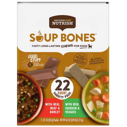 Rachael Ray Nutrish Soup Bones Variety Pack 22 Long-Lasting Dog Chews Beef & Barley and Chicken & Veggies