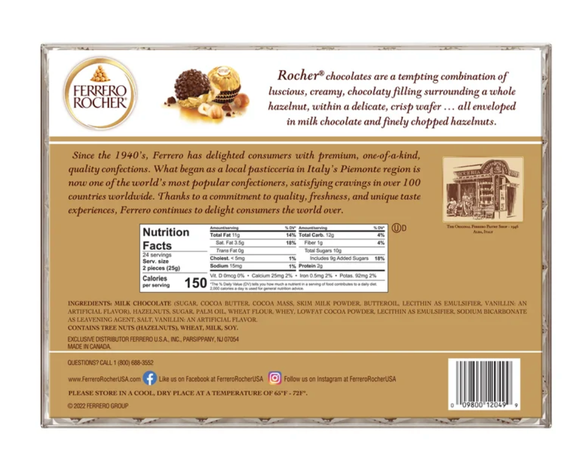 Ferrero Rocher Fine Hazelnut Milk Chocolate 48 Count Premium Chocolate & Hazelnut Gift Box