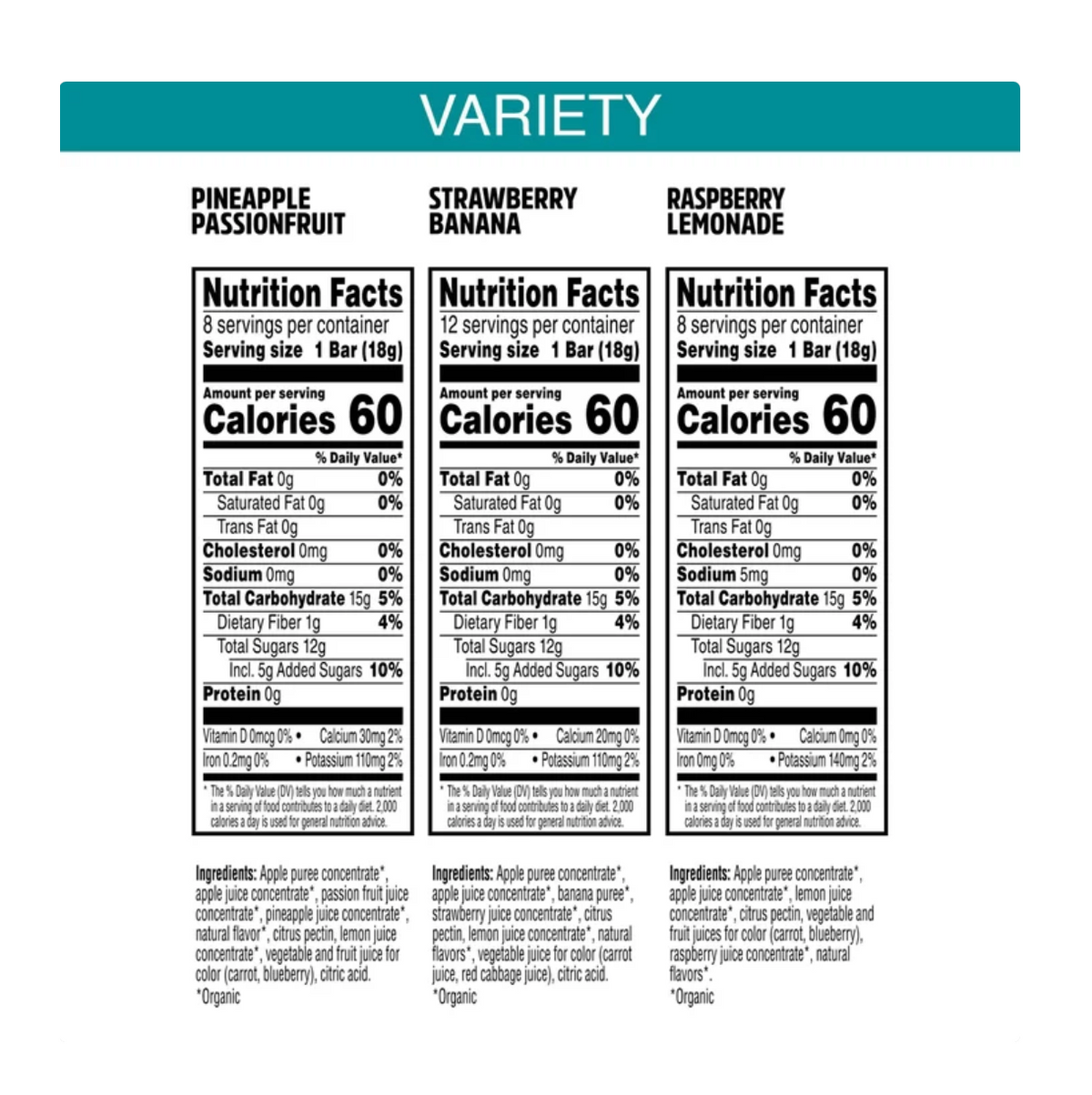 Pure Organic Layered Fruit Bars Variety Pack Strawberry Banana, Raspberry Lemonade & Pineapple Passionfruit, 28 Count