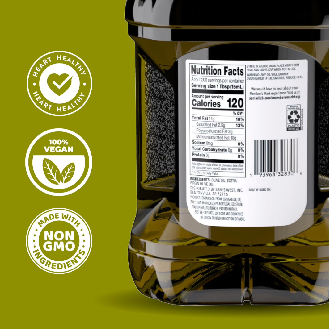 Member's Mark 100% Pure Olive Oil, Mild Flavor, 3 Liter (101 fl oz) Jug