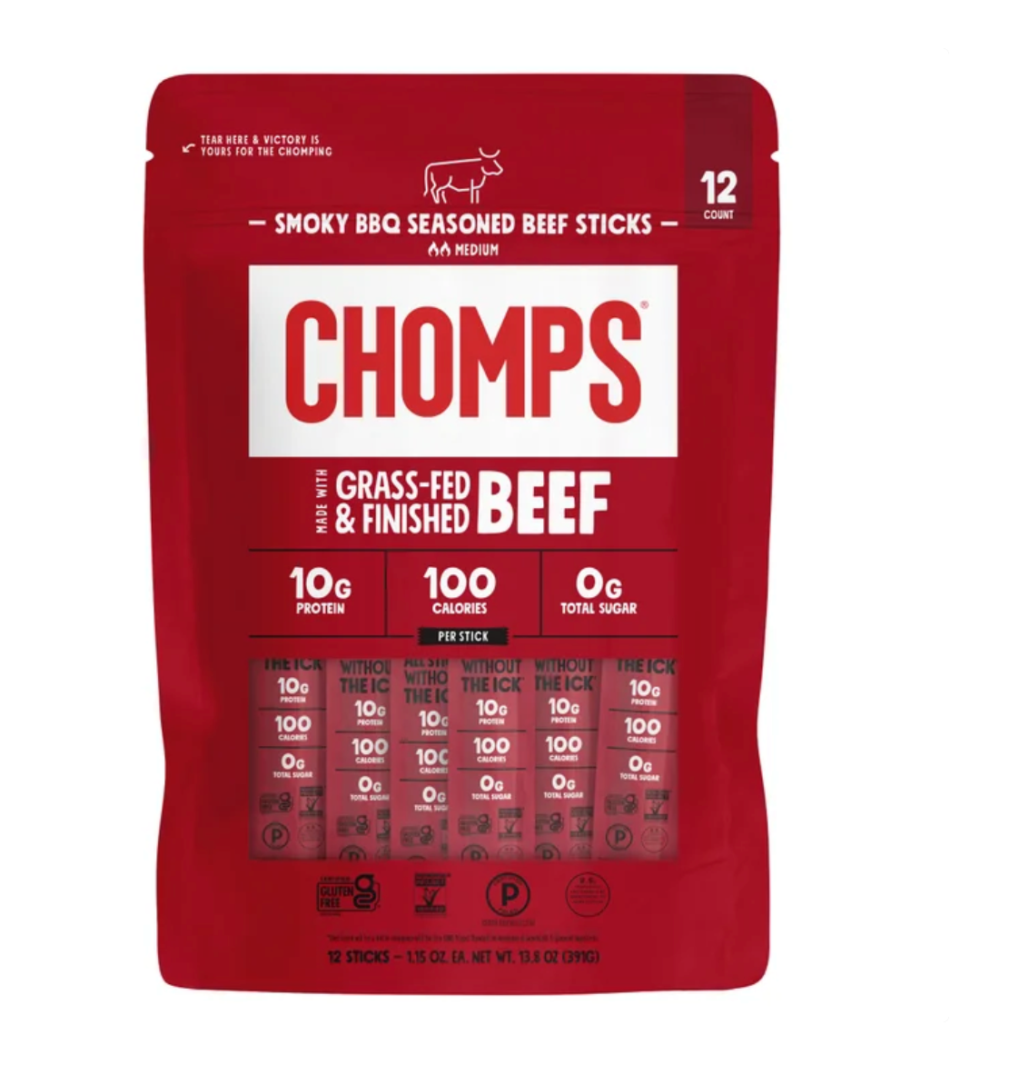 Chomps Smokey BBQ Seasoned Beef Sticks, 1.15 oz, 12-count