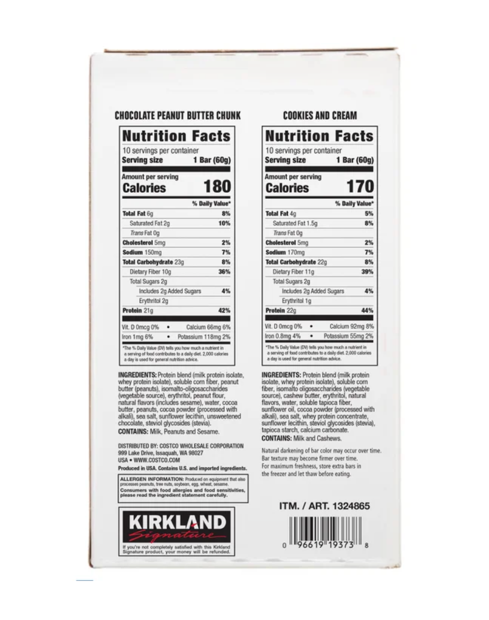 Kirkland Signature Protein Bars Variety Pack Chocolate Peanut Butter Chunk & Cookies & Cream, 20 Count 21–22g Whey Protein Gluten-Free