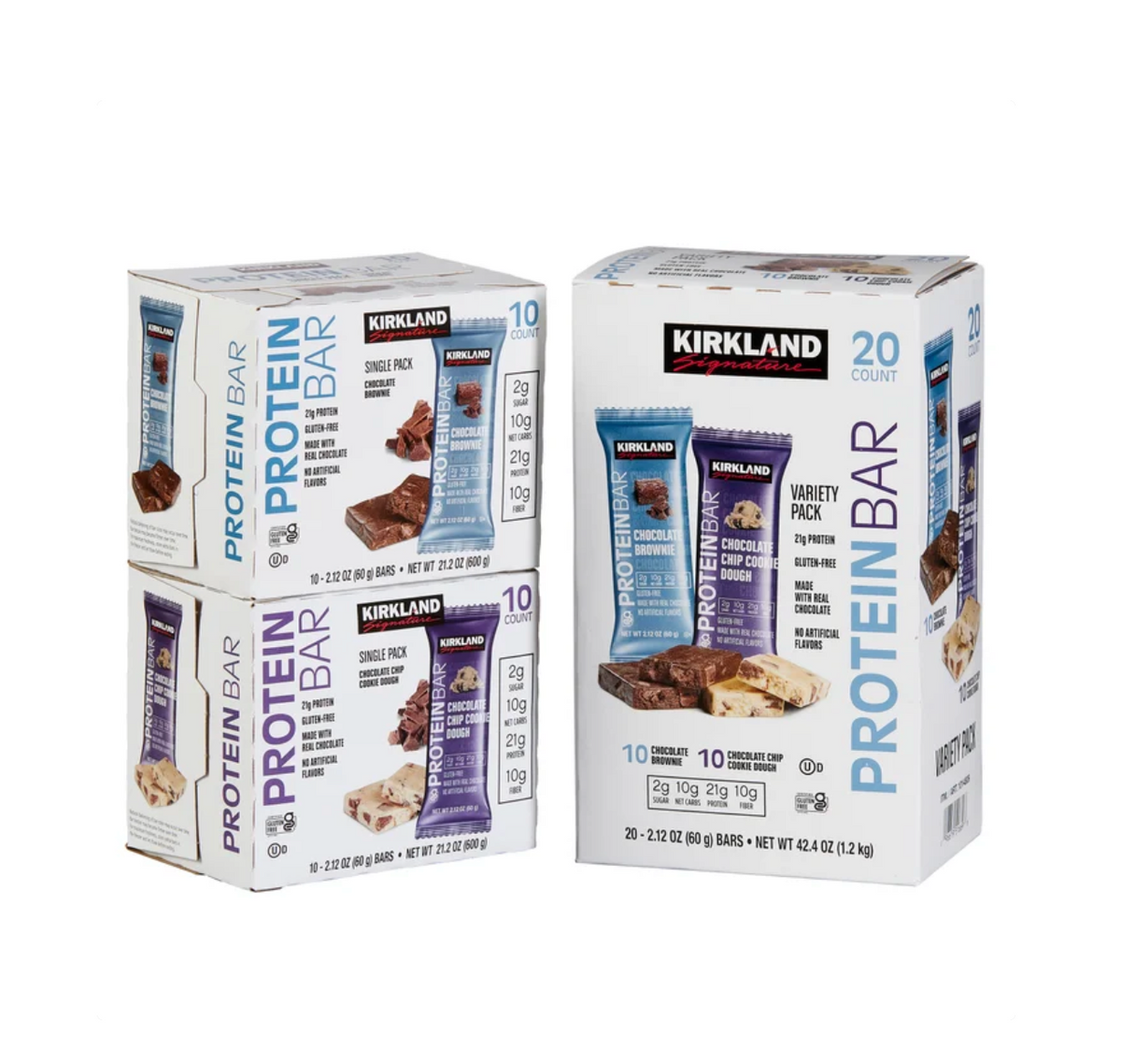 Kirkland Signature Protein Bars Variety Pack Chocolate Brownie & Chocolate Chip Cookie Dough 20 Count 21g Protein, Gluten-Free Snack Bars