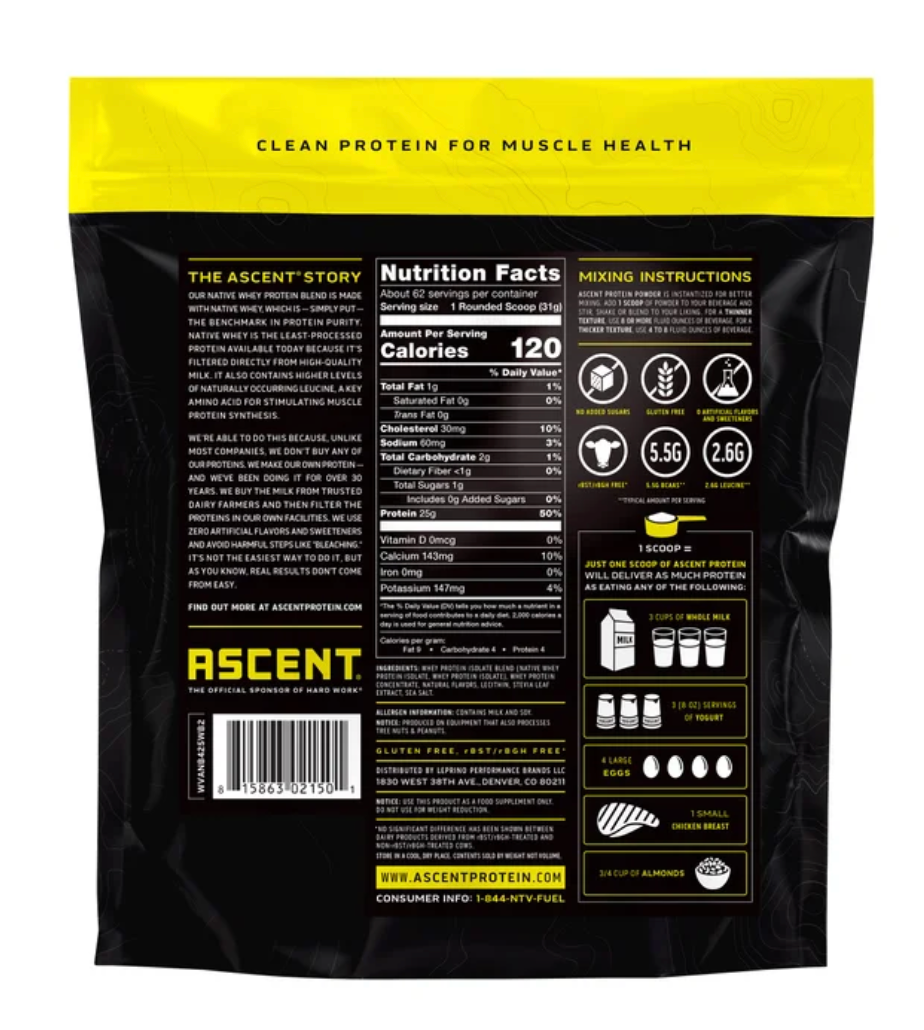 Ascent 100% Whey, Native Whey Protein Blend, Vanilla Bean, 4.25 lbs