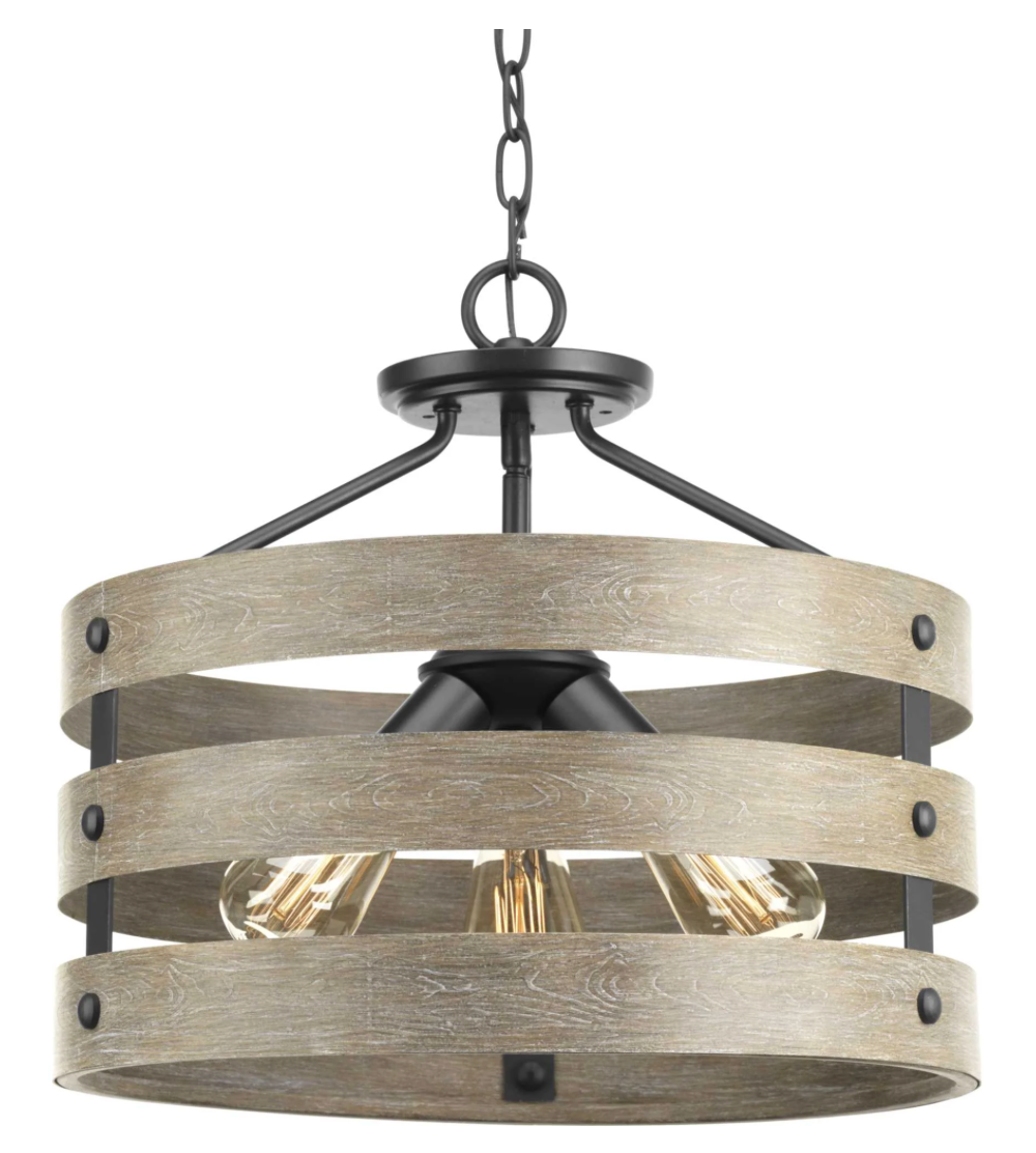 Progress Lighting Gulliver 3-Light Semi-Flush Convertible Ceiling Fixture in Faux Wood & Matte Black