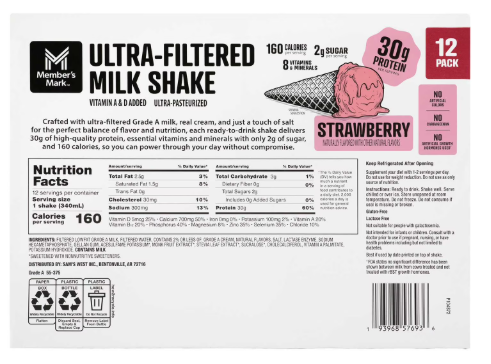 Member's Mark 30g Ultra-Filtered Milk Protein Shake, Strawberry, 11.5 fl oz, 12 Pack