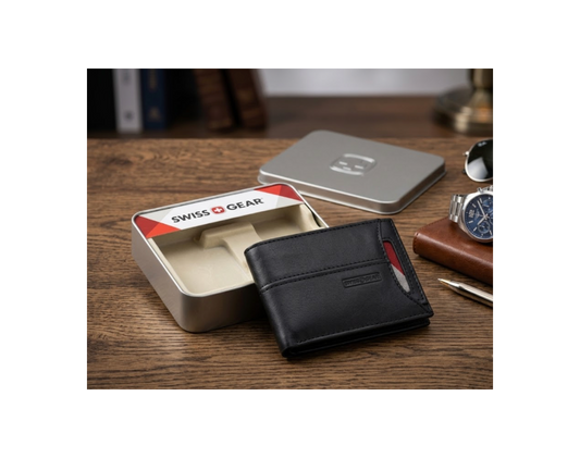 Swissgear Men's Leather Bifold Wallet with Front Pocket & Gift Tin, Black