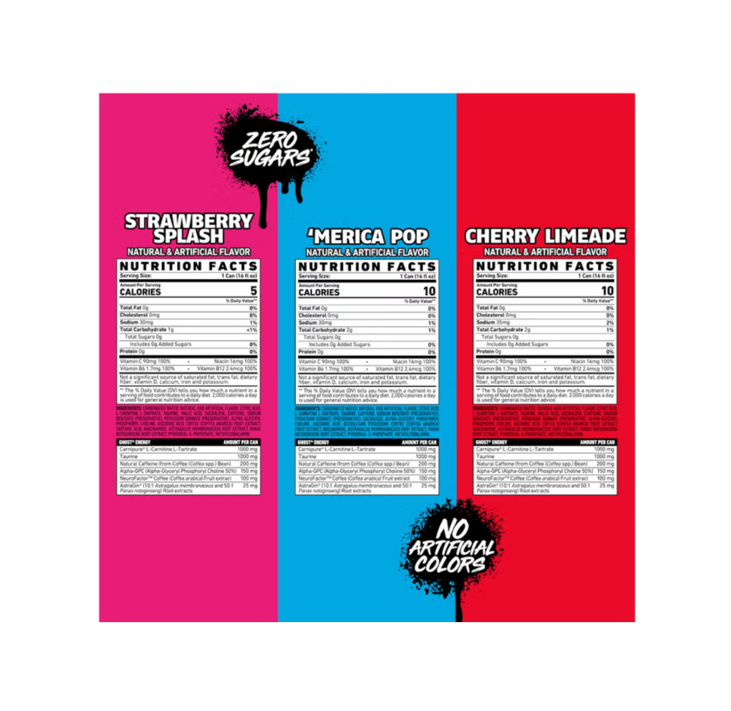 Ghost Energy Zero Sugar Variety Pack, Bubblicious Strawberry, Merica Pop, Cherry Limeade, 16 fl oz, 18 Pack
