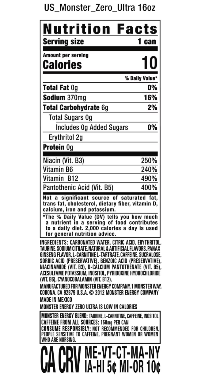 Monster Energy Zero Ultra, Sugar Free Energy Drink, 16 fl oz Cans (24 Pack)