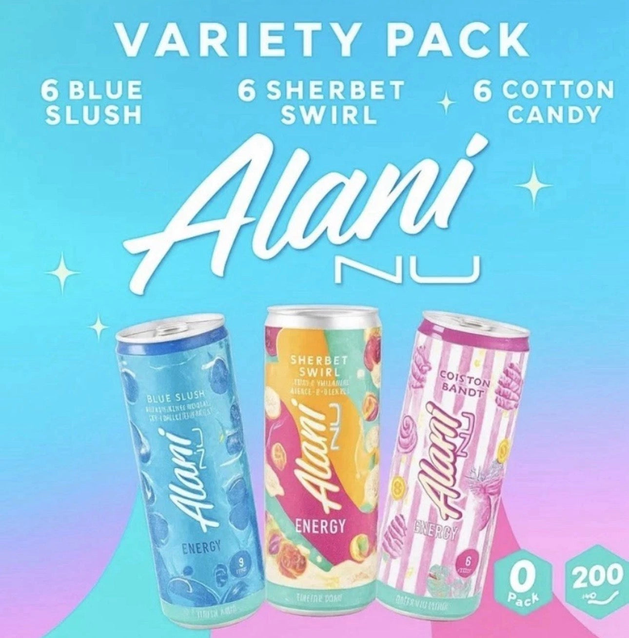Alani Nu Energy Drink Variety Pack – 18 Pack (6 Blue Slush, 6 Sherbet Swirl, 6 Cotton Candy)