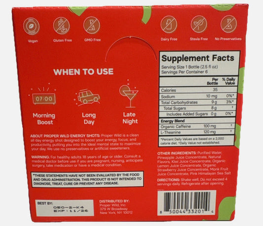 Share Proper Wild Energy Shots Strawberry Kiwi 6 Pack 2.5oz Clean Plant Based