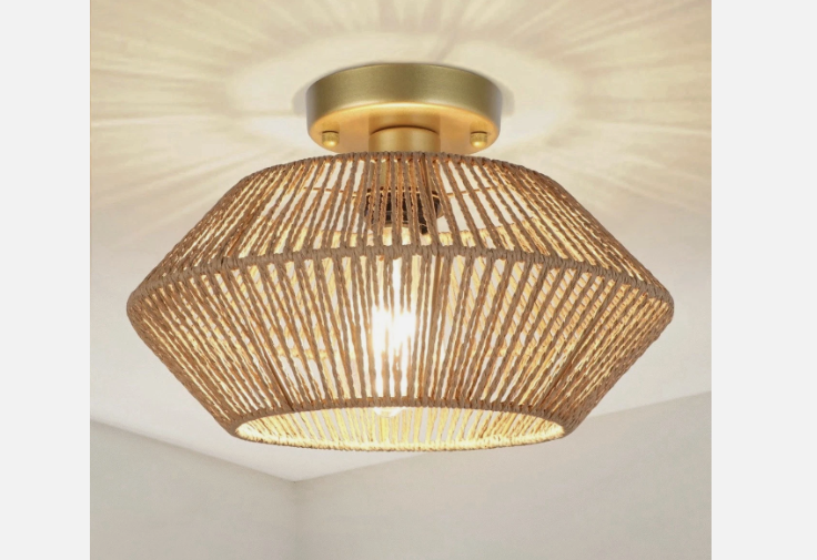 Boho Woven Rattan Semi Flush Mount Ceiling Light Gold Brass, Geometric Rope Shade, E26 - view 4