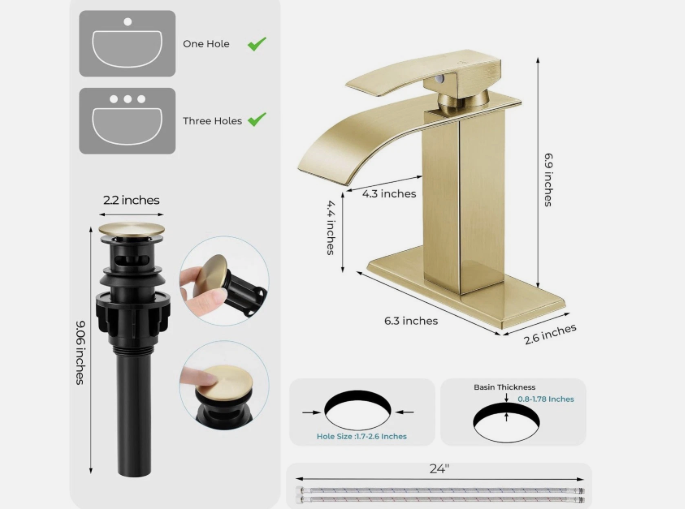 Brushed Gold Waterfall Bathroom Sink Faucet – Single Handle, Pop-Up Drain, Deck Plate & Supply Lines - view 3