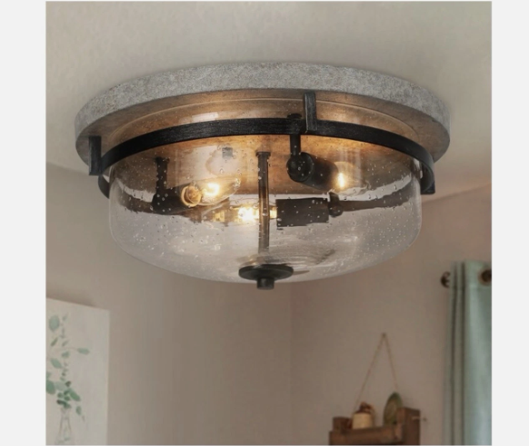 Holmes 13.5" 3-Light Farmhouse Flush Mount Ceiling Light Distressed Gray White, Black & Seeded Glass - view 8