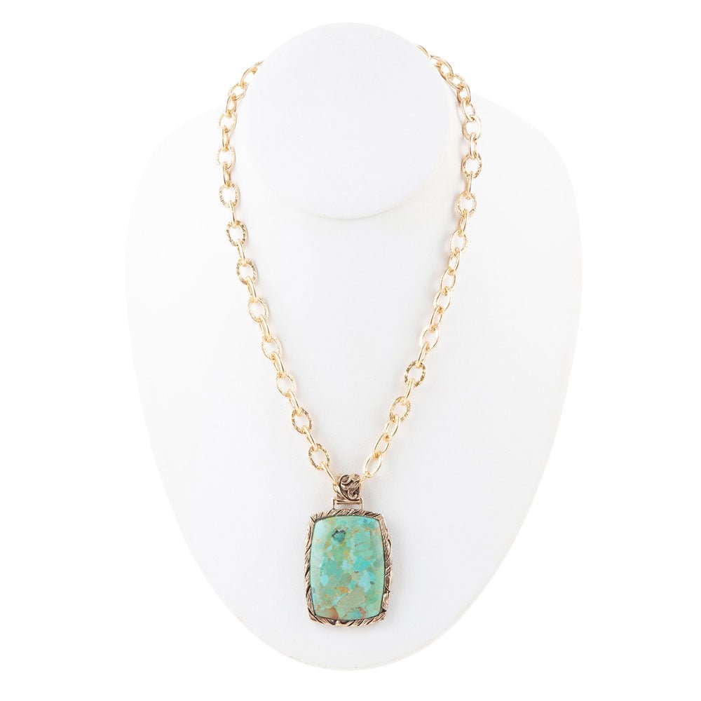 Barse Jacquard Genuine Blue Turquoise & Bronze Pendant Necklace, 18.5" Chain with 2" Extender, Floral Detail