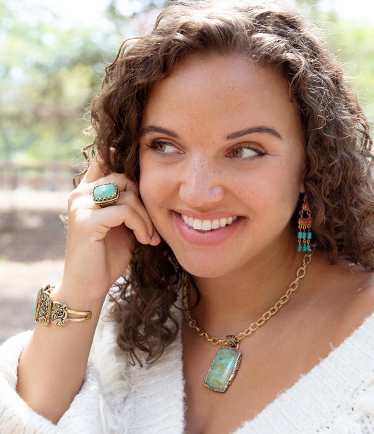 Barse Jacquard Genuine Blue Turquoise & Bronze Pendant Necklace, 18.5" Chain with 2" Extender, Floral Detail