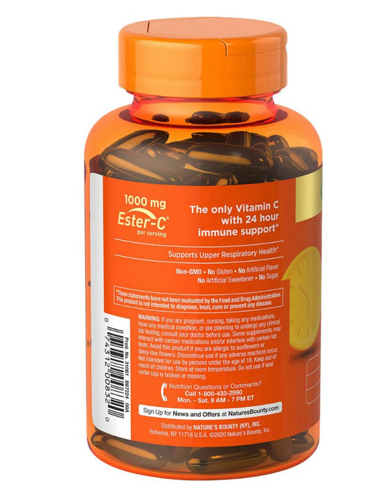 Nature's Bounty Immune 24 Hour+ back label: Non-GMO, no gluten, no sugar, warnings