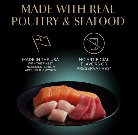 Sheba wet cat food made with real poultry and seafood, made in the USA, no artificial flavors or preservatives