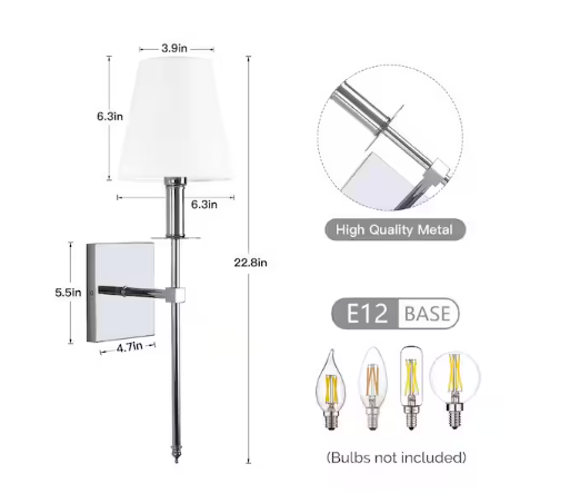 1-Light Wall Sconce Polished Chrome with White Fabric Shade E12 Modern Wall Lighting 2-Pack - view 6