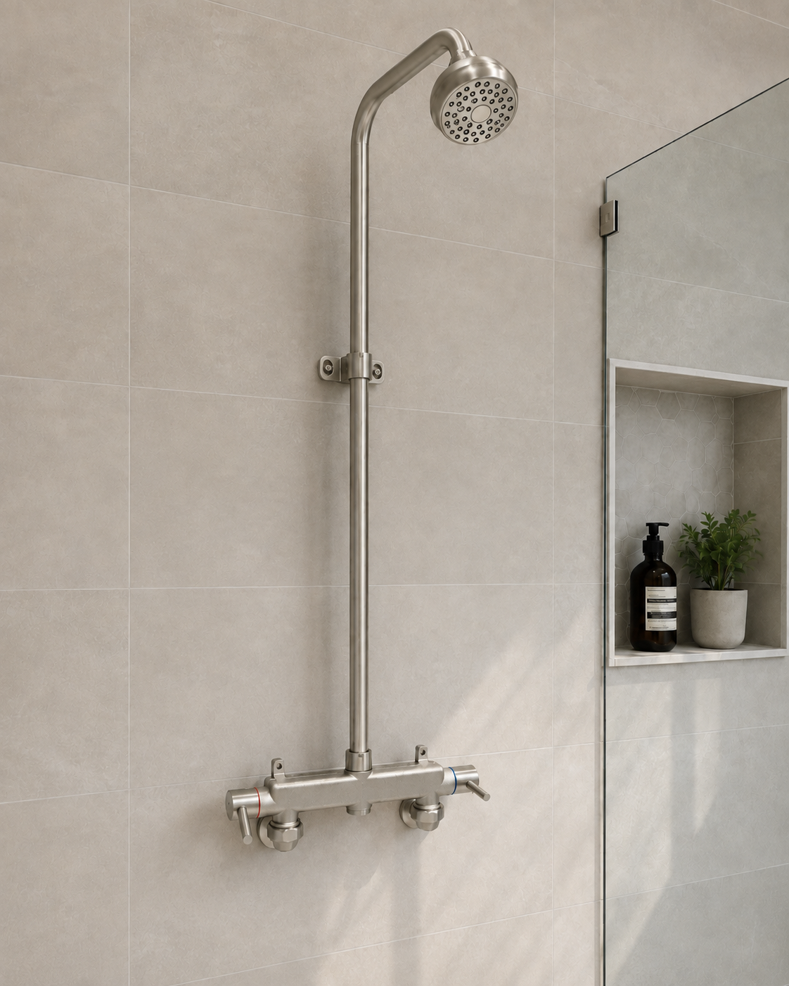 Exposed Pipe Shower System, Wall-Mounted Dual Handle Shower Faucet Set, Brushed Nickel