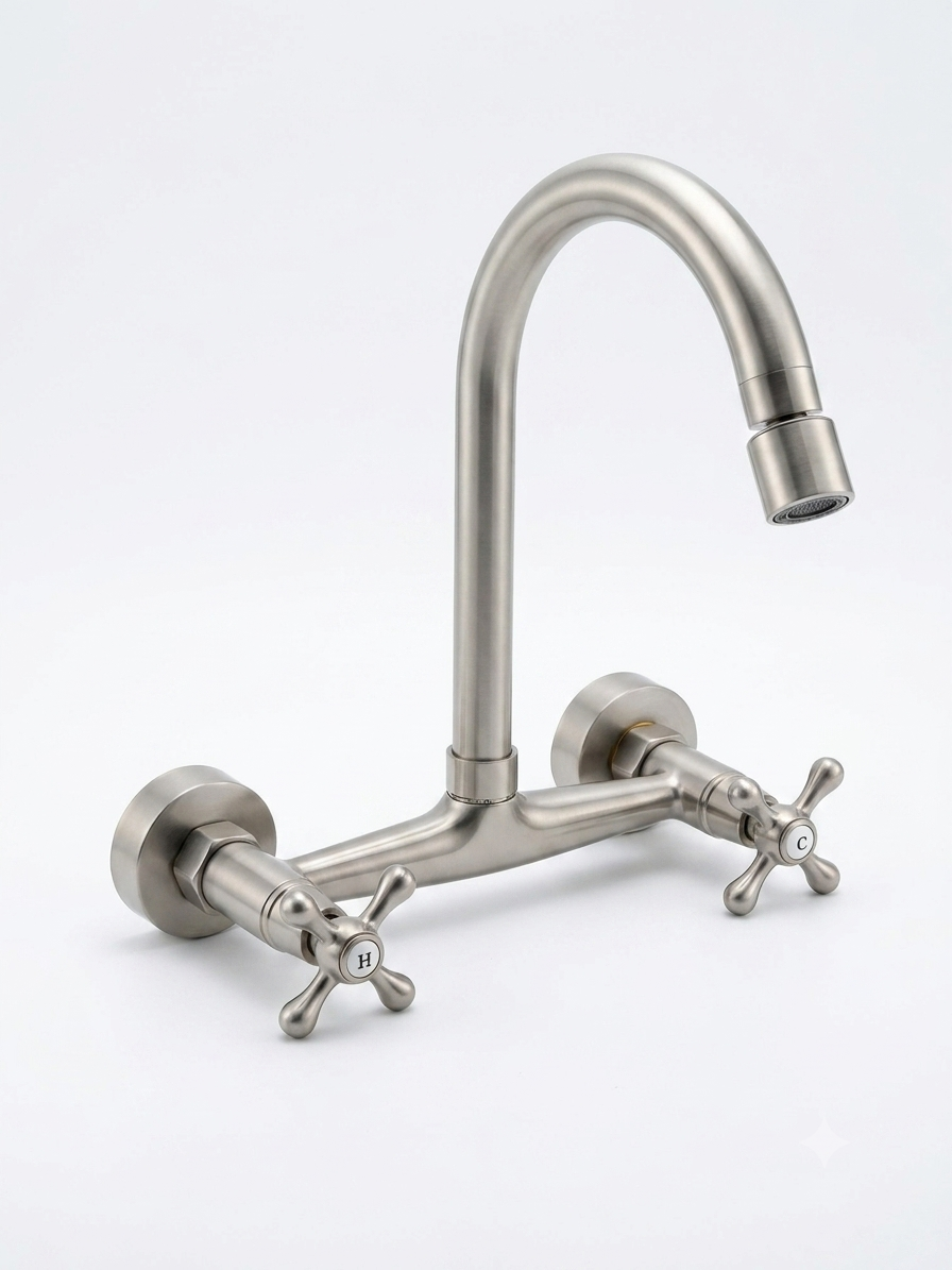 Wall Mount Kitchen Faucet with High-Arch Gooseneck Spout & Dual Cross Handles Brushed Nickel