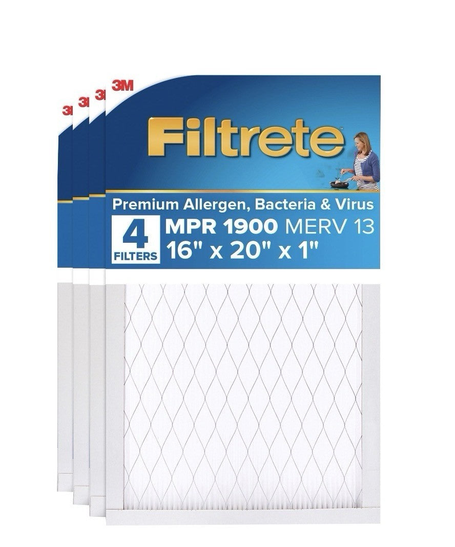 3M Filtrete 16x20x1 Air Filter, MERV 13, MPR 1900 Allergen Bacteria & Virus, 4 Pack