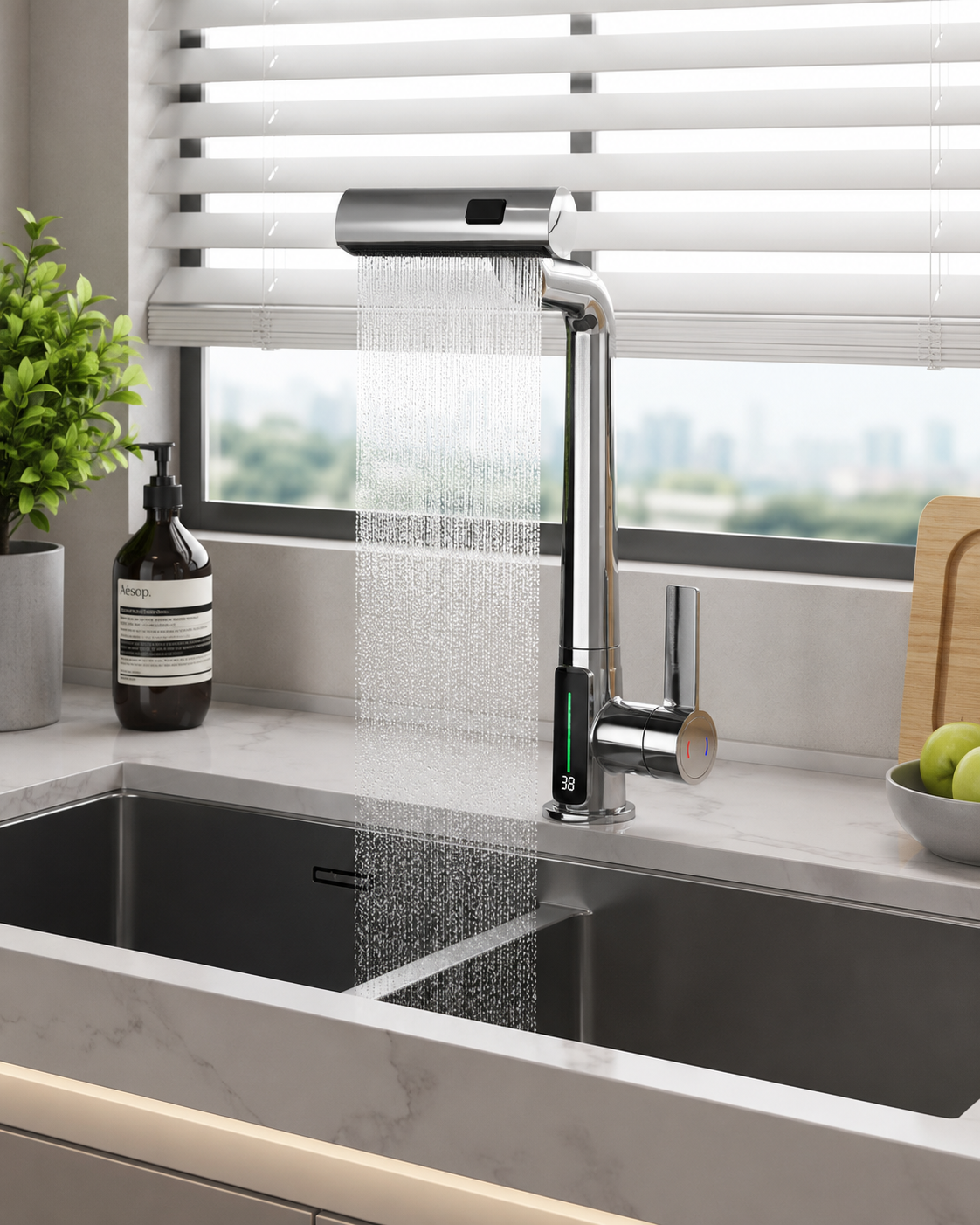 Smart Choice H3428 Digital Display Kitchen Faucet Polished Chrome, Waterfall Spout & 3 Spray Modes