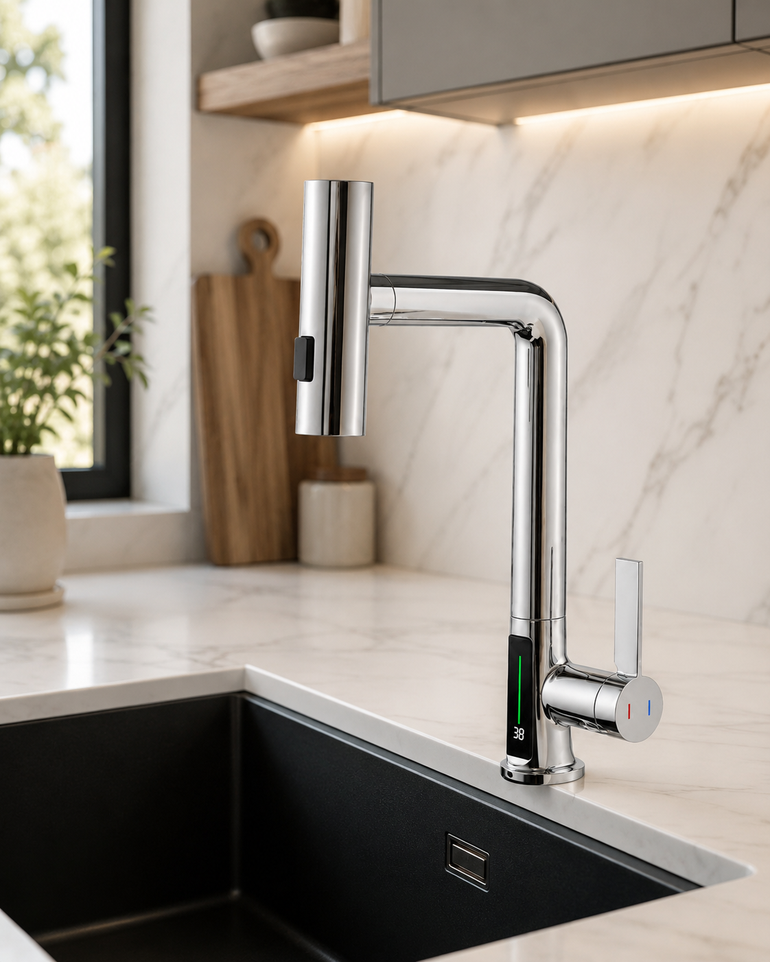 Smart Choice H3428 Digital Display Kitchen Faucet Polished Chrome, Waterfall Spout & 3 Spray Modes
