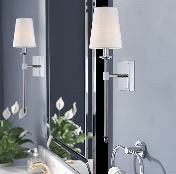 Set of 2 Modern Chrome Wall Lights White Fabric Shade Indoor Sconces - NEW0