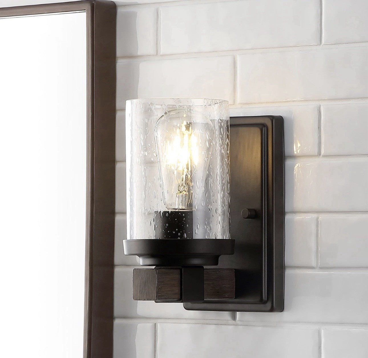 JONATHAN Y Farmhouse LED Vanity Wall Sconce Black Seeded Glass Light2