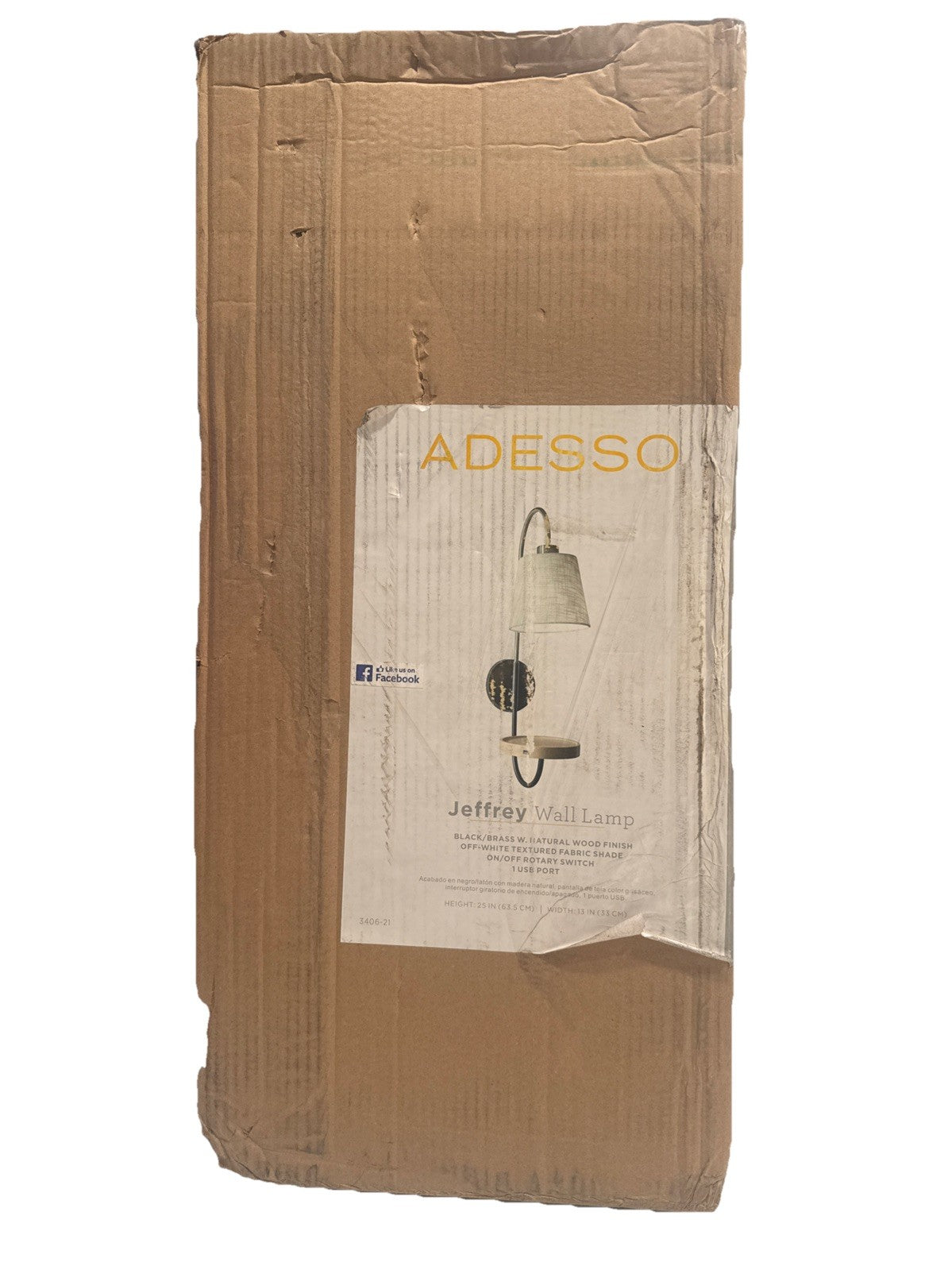 Adesso Jeffrey Modern Wall Lamp, Black/Brass with Wood and USB Port - NEW2