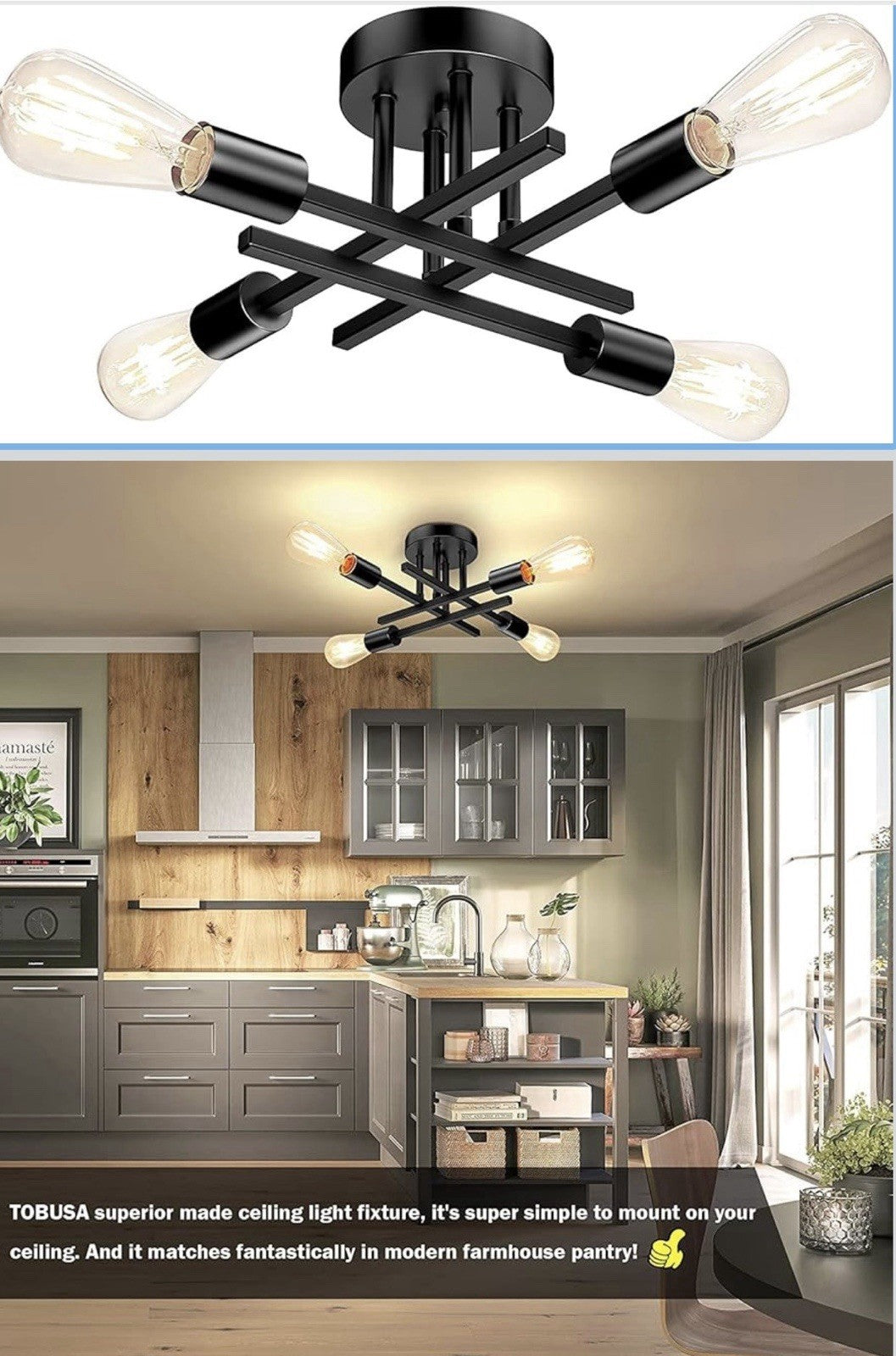 TOBUSA 4-Light Sputnik Ceiling Light Matte Black Semi Flush Mount E260