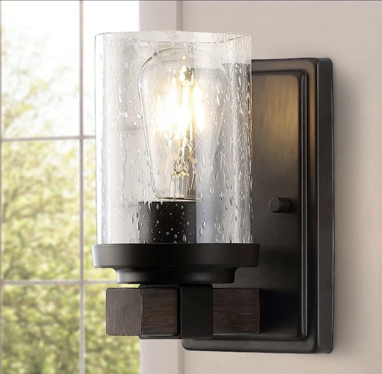 JONATHAN Y Farmhouse LED Vanity Wall Sconce Black Seeded Glass Light1