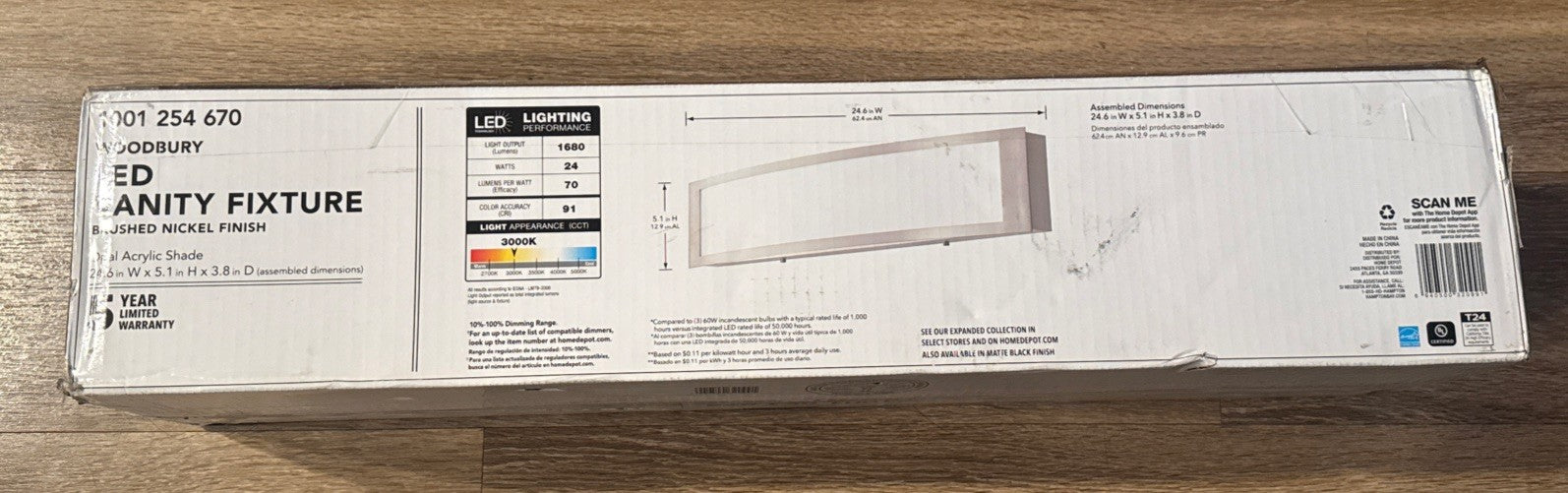 Hampton Bay Woodbury LED Vanity Light 24in Brushed Nickel 3000K 3