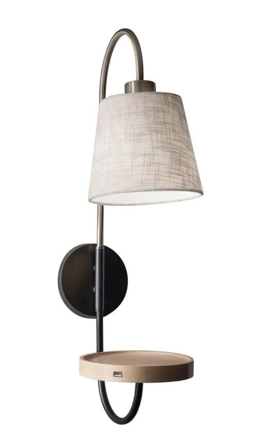 Adesso Jeffrey Modern Wall Lamp, Black/Brass with Wood and USB Port - NEW1