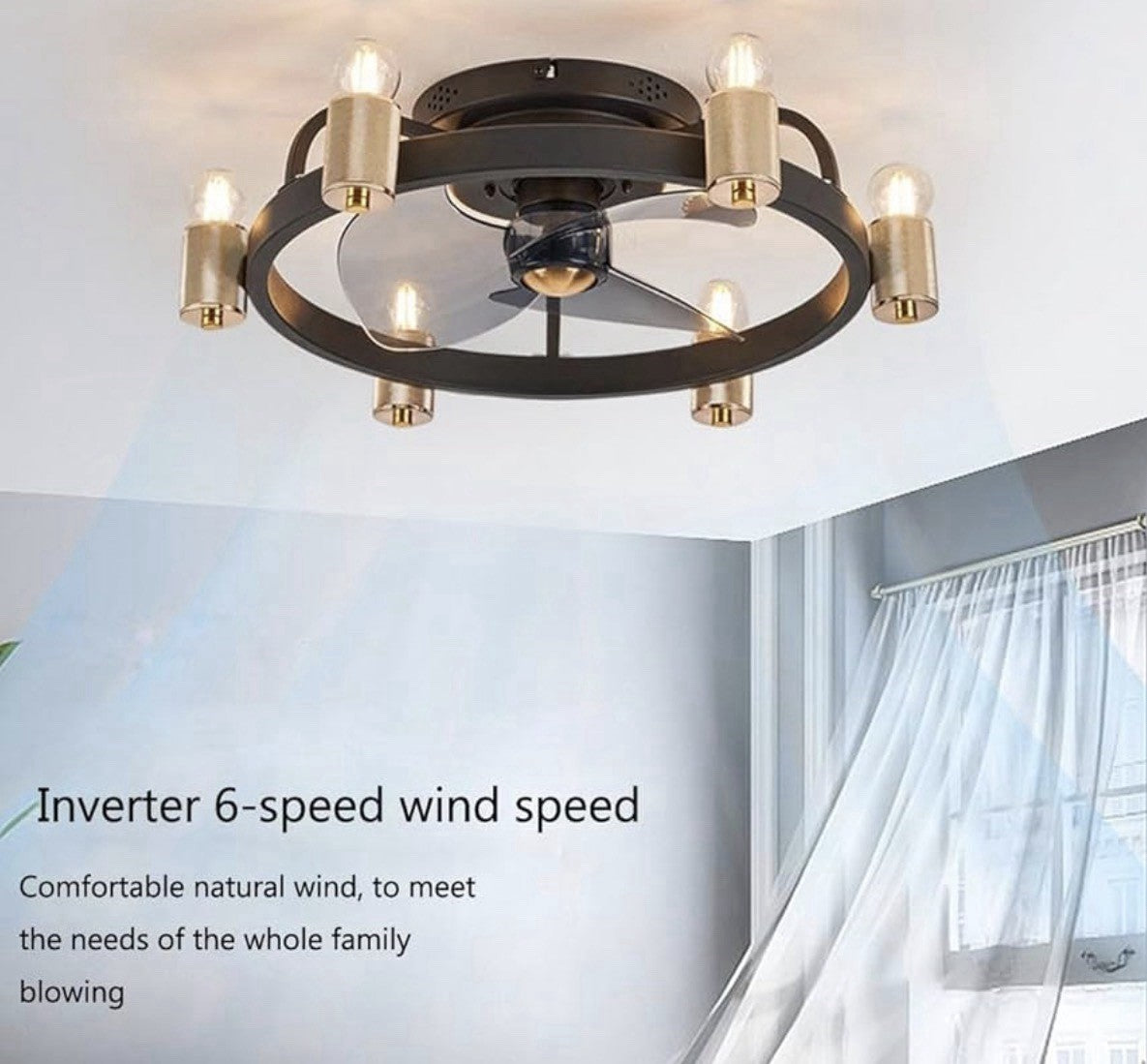 Vintage Black Gold Ceiling Fan Light Silent Low Profile Chandelier 20in1