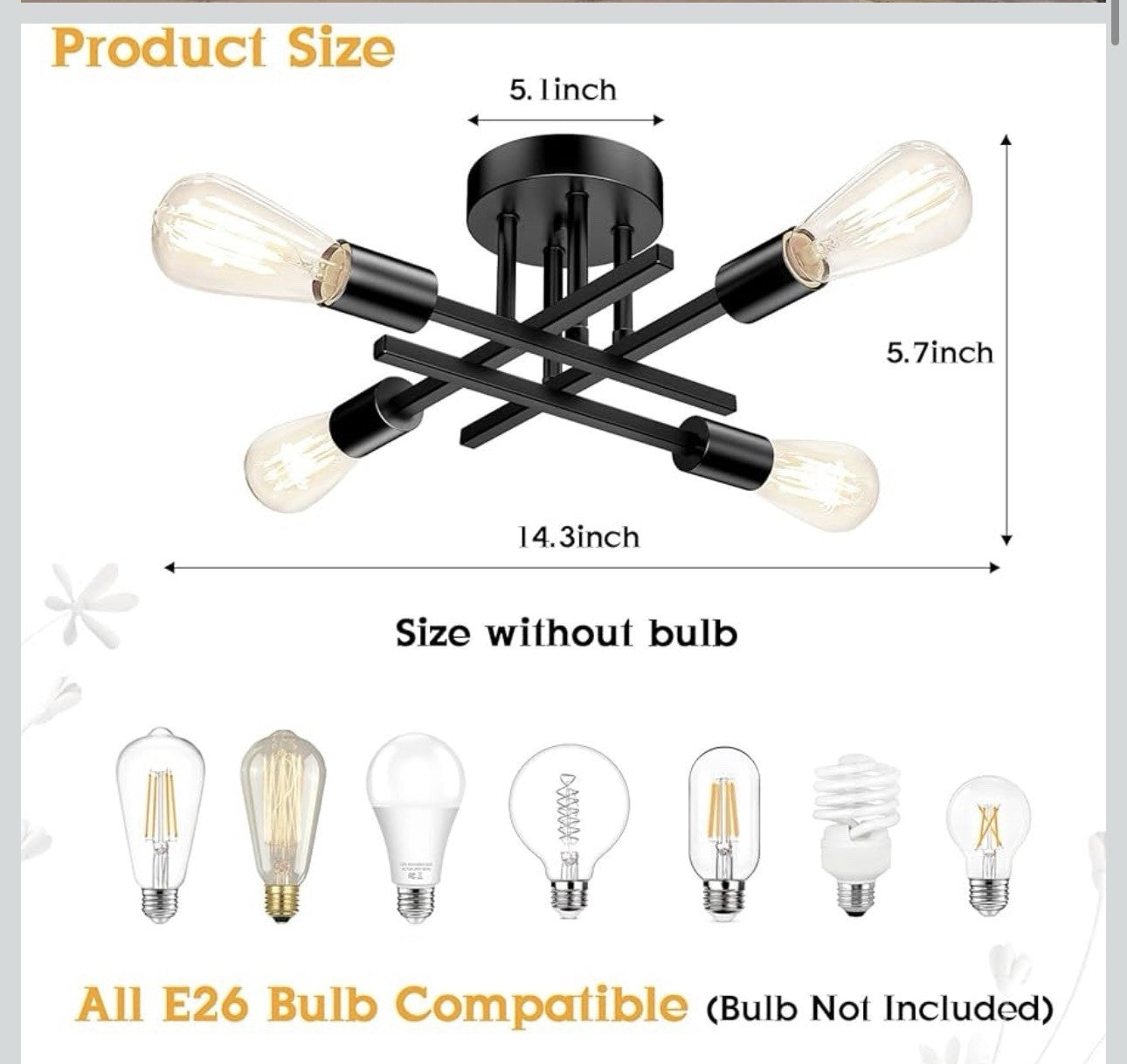 TOBUSA 4-Light Sputnik Ceiling Light Matte Black Semi Flush Mount E261