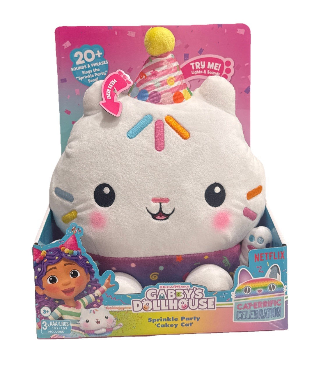 Gabby’s Dollhouse Sprinkle Party Cakey Cat Plush Interactive Toy Lights Sounds 0