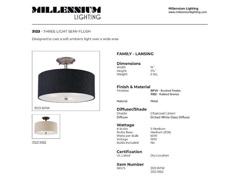 Semi-shad Ceiling Lamp Millennium Bronze Rubbed 3 Lights 3123-RBZ1